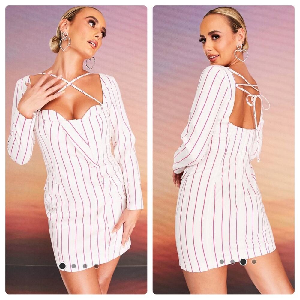 🍁 NWT ASOS DESIGN x MILLIE halter neck blazer mini dress in stripe print White